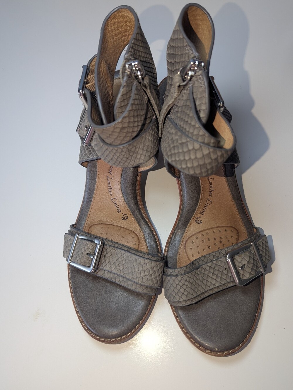 Sofft Gray Textured Leather Buckle Sandals